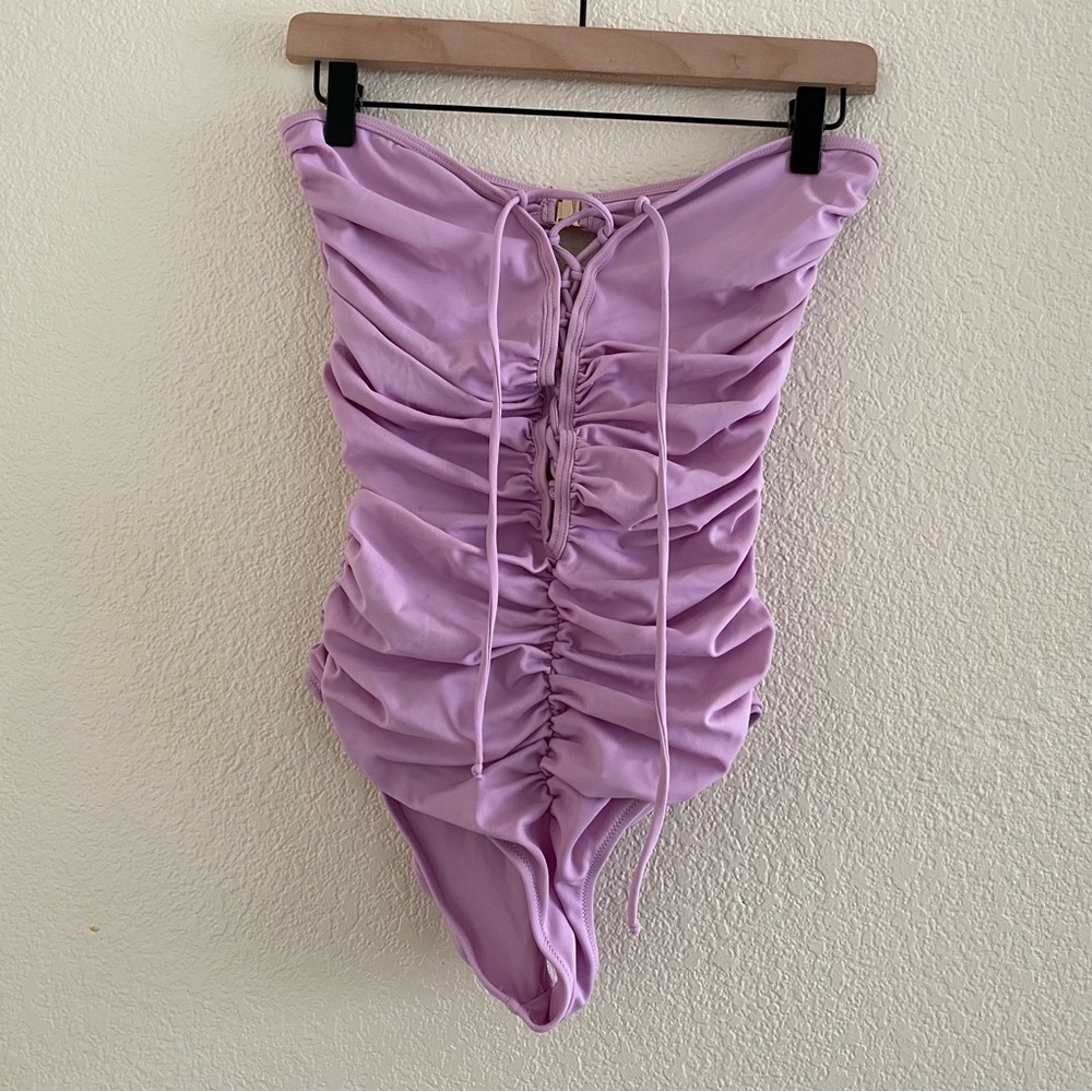Shani Shemer Scrunch Lace Up Lilac One Piece Swimsuit
